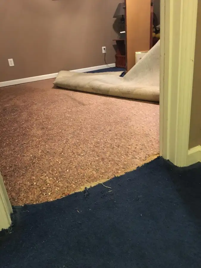 Carpet pad removal revealing water damage during Water Mitigation Services in Mechanicsburg